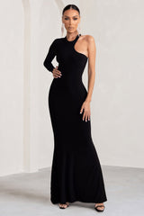 Tyra | Black Asymmetric Neck Cut Out Maxi Dress With Open Back Detail