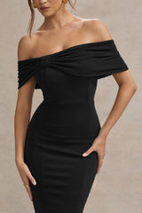 Lydia | Black Bardot Bow Detail Midi Dress