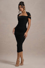Paxos | Black Ruched Short-Sleeve Midi Dress