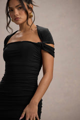 Paxos | Black Ruched Short-Sleeve Midi Dress