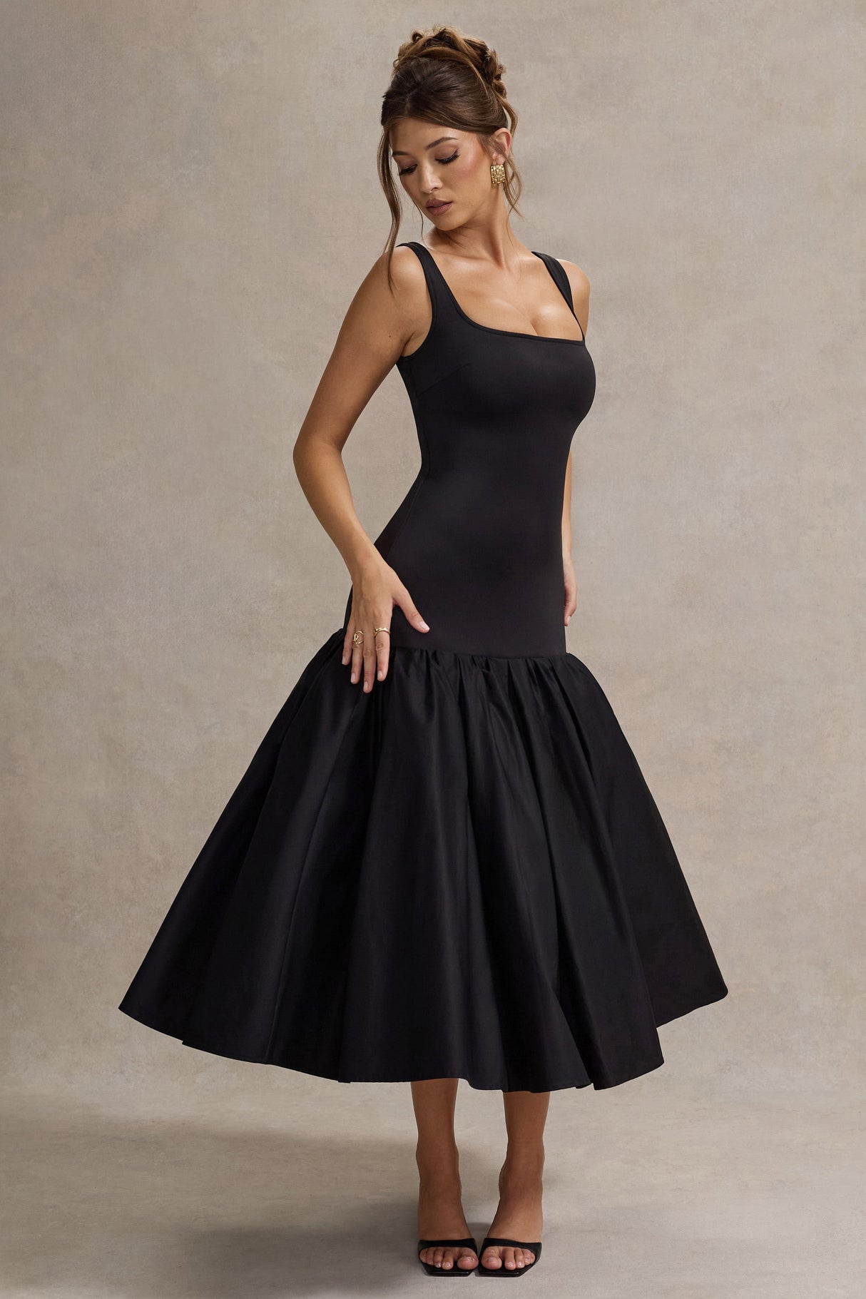 Parida | Black Poplin Drop-Waist Midi Dress With Peplum Hem