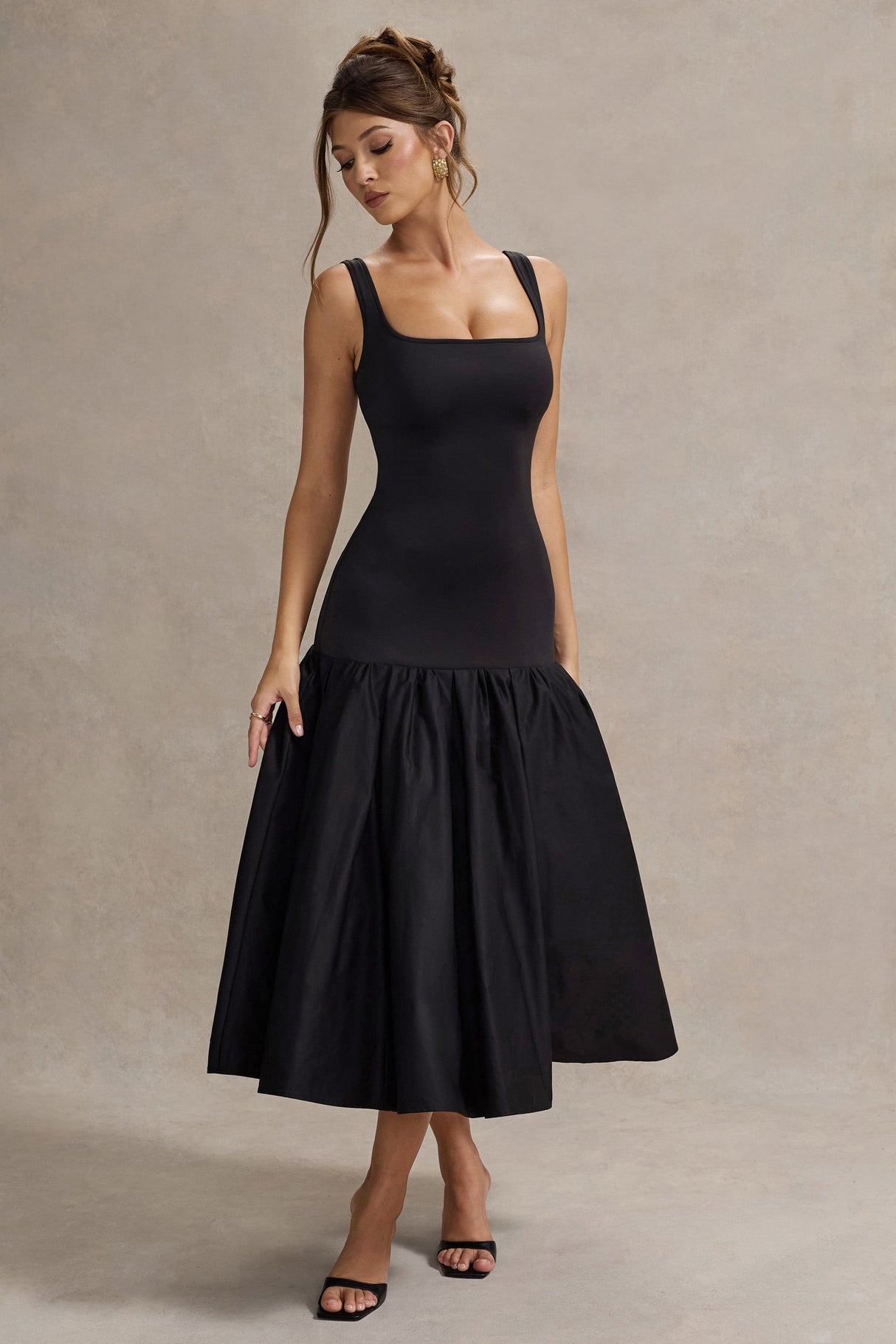 Parida | Black Poplin Drop-Waist Midi Dress With Peplum Hem