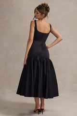 Parida | Black Poplin Drop-Waist Midi Dress With Peplum Hem