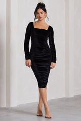 Seductress | Black Velvet Square Neck Bodycon Midi Dress With Long Sleeves