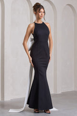 Bestow | Black Open-Back Maxi Dress With Oversized White Bow