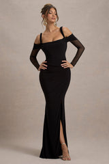 Milana | Black Square-Neck Draped Wrap Maxi Dress With Long Sleeves