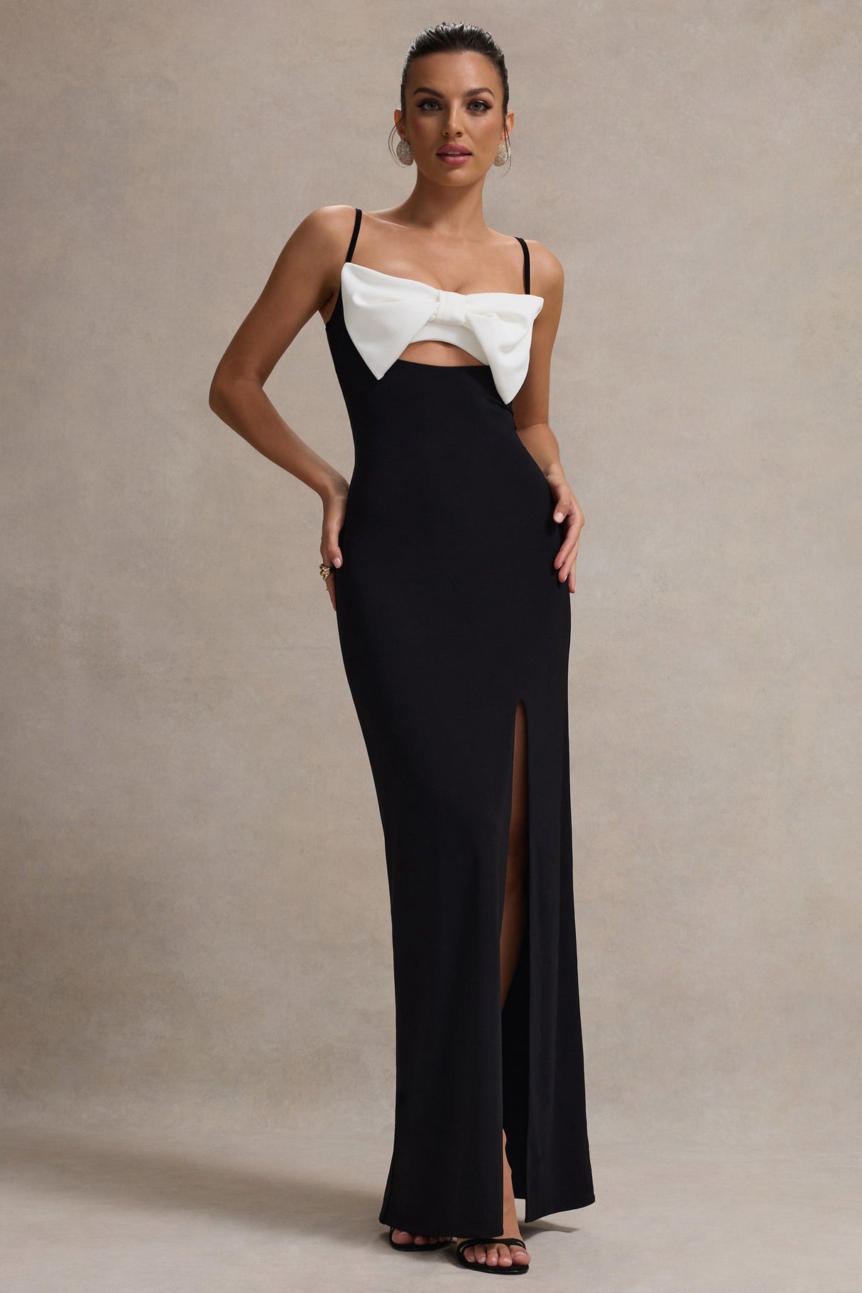 Emmalou | Black & White Strappy Split Maxi Dress With Bow