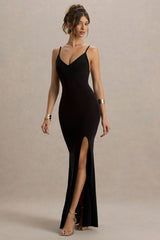 Love Shy | Black Plunge Neck Maxi Dress With Split Detail