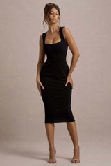 Shantelle | Black Bodycon Square-Neck Midi Dress