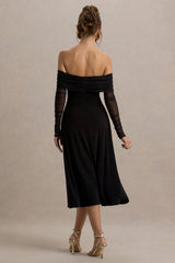 Flatter Me | Black Bardot Midi Dress With Mesh Sleeves