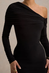 Cleo | Black Bodycon Midi Dress With Mesh Sleeves