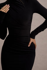 Hespera | Black High-Neck Long-Sleeve Gathered Maxi Dress