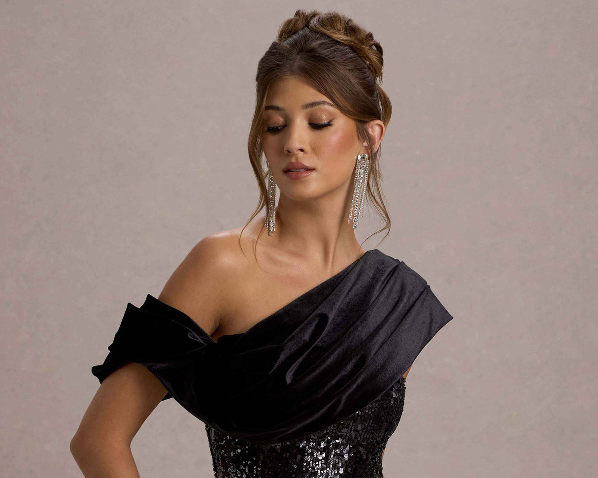 Volute | Black Sequin One-Shoulder Draped Midi Dress