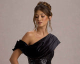 Volute | Black Sequin One-Shoulder Draped Midi Dress