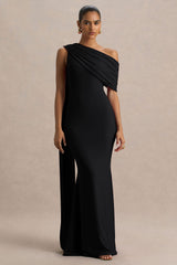 Zendaya | Black Asymmetric-Neck Fishtail Maxi Dress With Cape Detail