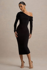 Cleo | Black Bodycon Midi Dress With Mesh Sleeves