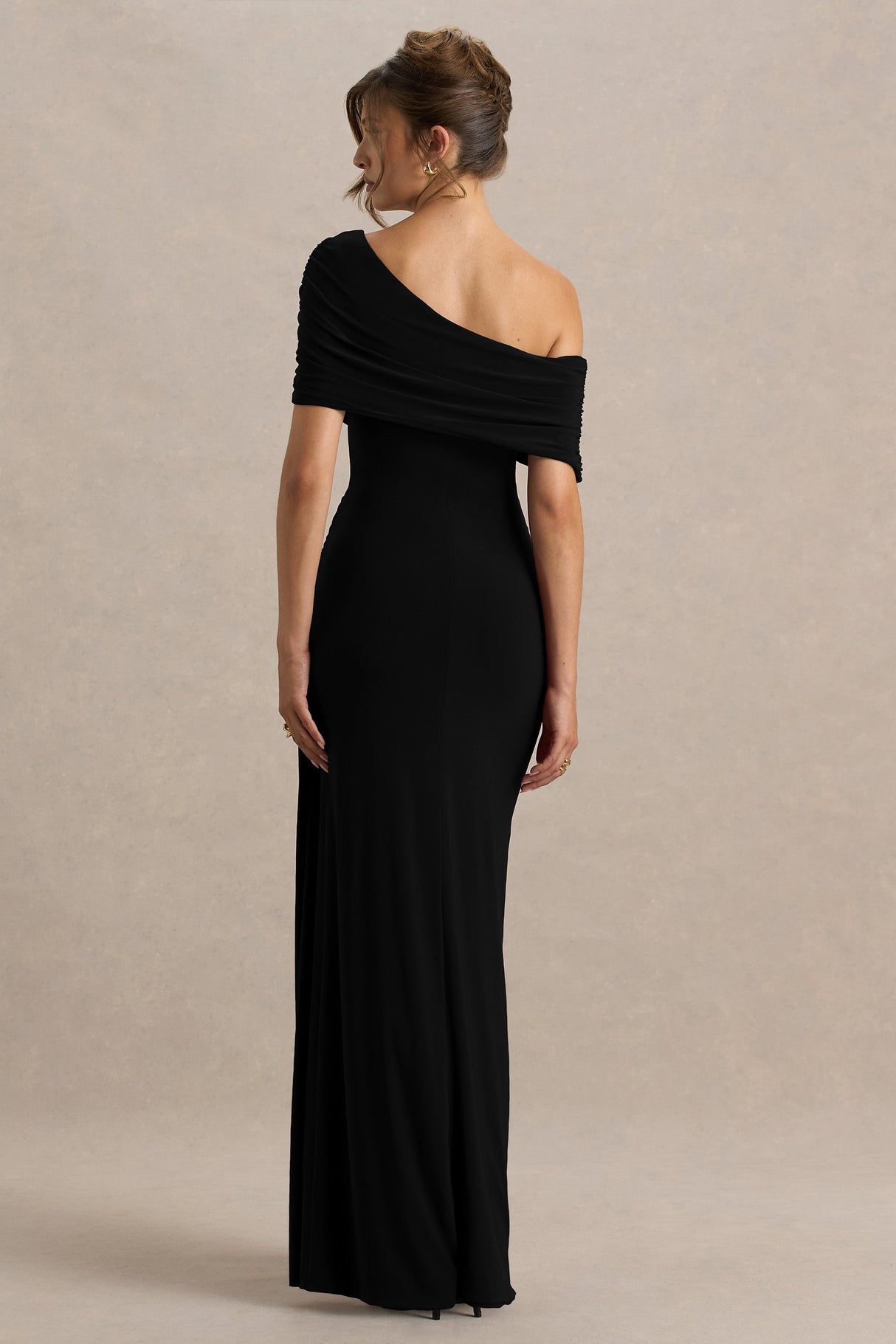Dynasty | Black Asymmetric-Neck Maxi Dress With Ruched Detailing And Front High-Split
