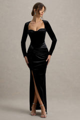 Fay | Black Velvet Corset Style Knot Maxi Dress