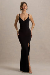 Love Shy | Black Plunge Neck Maxi Dress With Split Detail