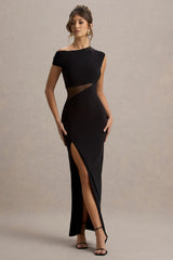 Emily | Black Asymmetric Split Maxi Dress With Mesh Detailing