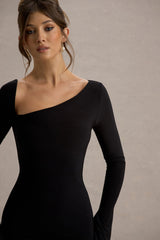 Serenita | Black Asymmetric Long-Sleeve Midi Dress