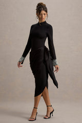 Luanna | Black Satin Long-Sleeve Midi Dress With Draped Skirt