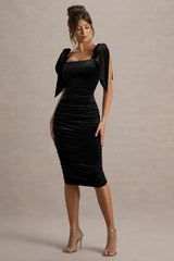 Tarna | Black Velvet Midi Dress With Bow Straps