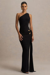 Bonnie | Black Asymmetric-Neck Maxi Dress With Ruched-Detailing