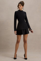 Athena | Black Long-Sleeve Mini Dress With Pleated Hem
