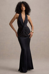Amazonie | Black Plunge-Neck Twisted Maxi Dress With Mesh Panels